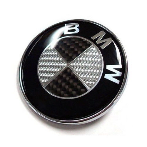 74MM BMW BLACK & WHITE CARBON FIBER EMBLEM HOOD TRUNK BADGE 2 PINS