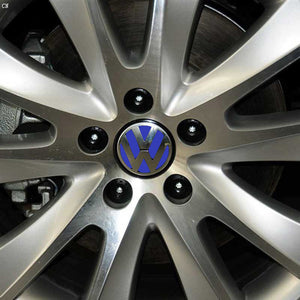4x 65mm Chrome & Blue Volkswagen Wheel Center Caps - 6 Side Auto