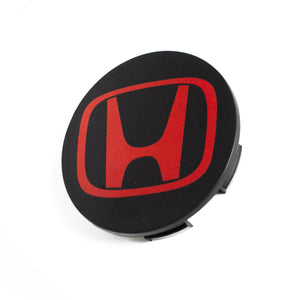 4x 69mm Honda Matte Black & Red Logo Wheel Center Caps - 6 Side Auto