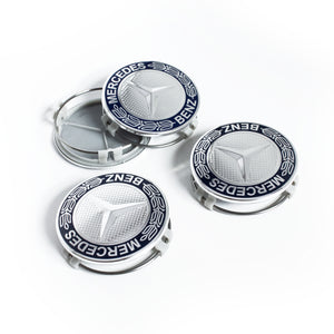 4X 75mm Blue and Sliver Mercedes Benz Wheel Center Caps - 6 Side Auto
