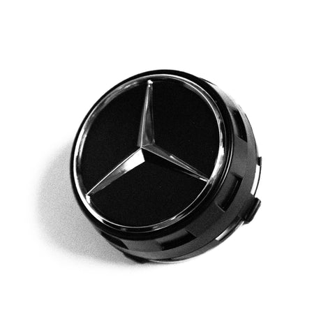 4X 75mm Matte Black / Chrome Logo All Black Raised Mercedes Benz Wheel Center Caps Part # A0004000900. - 6 Side Auto