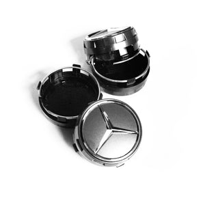 4X 75mm Matte Black / Chrome Logo Gun Metal Raised Mercedes Benz Wheel Center Caps Part # A0004000900. - 6 Side Auto