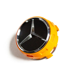 4X 75mm Matte Black / Chrome Logo Orange Raised Mercedes Benz Wheel Center Caps Part # A0004000900. - 6 Side Auto