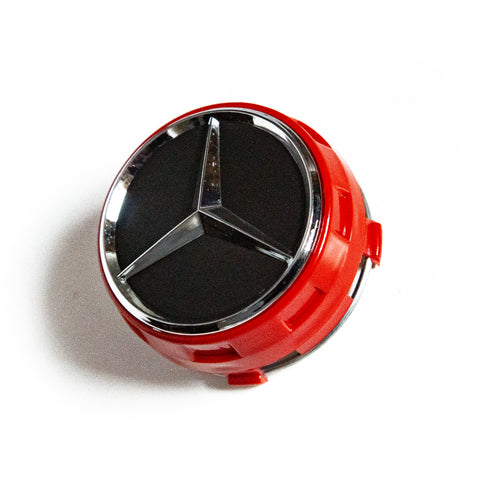 4X 75mm Matte Black / Chrome Logo Red Raised Mercedes Benz Wheel Center Caps Part # A0004000900. - 6 Side Auto