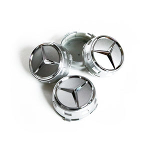 4X 75mm Silver/Chrome Logo Silver Raised Mercedes Benz Wheel Center Caps Part # A0004000900. - 6 Side Auto