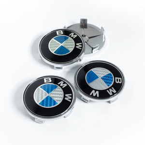 4x 68mm BMW Blue & White Carbon Fiber Wheel Center Caps - 6 Side Auto