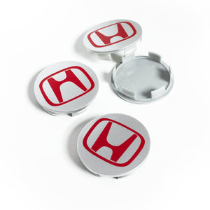 4x 69mm Honda Matte Gray & Red Logo Wheel Center Caps - 6 Side Auto