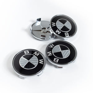 4x 68mm BMW Black & White Carbon Fiber Wheel Center Caps - 6 Side Auto