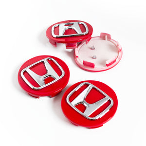 4x 69mm Honda Glossy Red 3D Chrome Logo Wheel Center Caps - 6 Side Auto