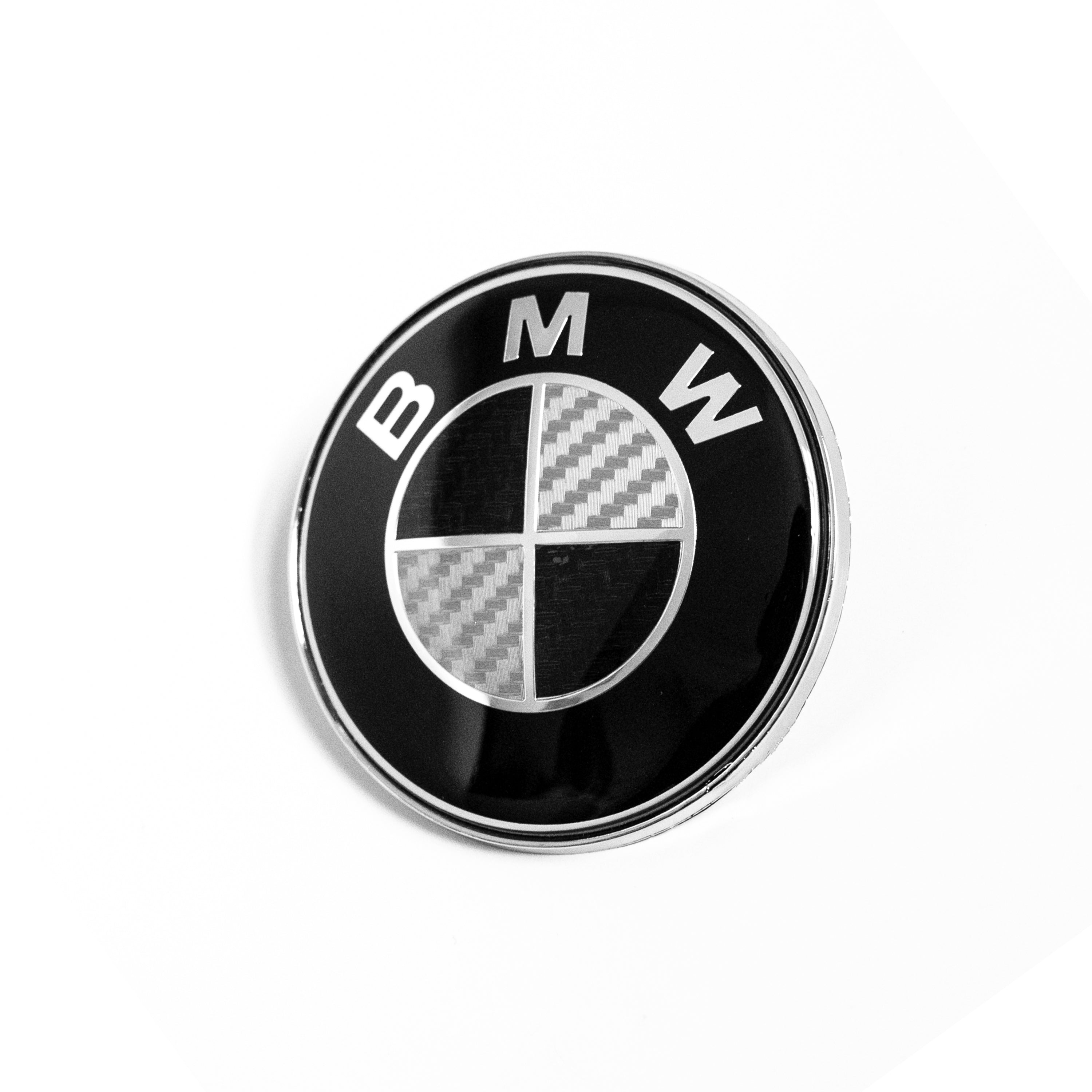 82MM BMW BLACK & WHITE CARBON FIBER EMBLEM HOOD BADGE 2 PINS