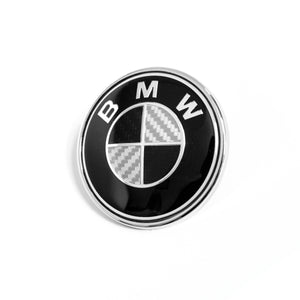 74MM BMW BLACK & WHITE CARBON FIBER EMBLEM HOOD TRUNK BADGE 2 PINS