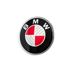 82MM BMW RED & WHITE CARBON FIBER EMBLEM HOOD BADGE 2 PINS - 6 Side Auto