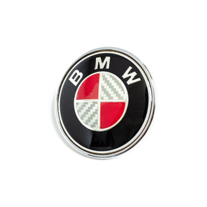 74MM BMW RED & WHITE CARBON FIBER EMBLEM HOOD BADGE 2 PINS - 6 Side Auto