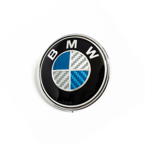 74MM BMW BLUE & WHITE CARBON FIBER EMBLEM HOOD TRUNK BADGE 2 PINS - 6 Side Auto