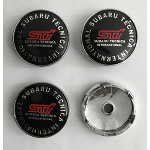 4x 60mm Subaru Black STI Techica International Wheel Center Caps - 6 Side Auto