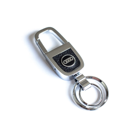Audi New Metal car logo key Shinny Titanium & Leather KeyChain Car Dual Ring Key fob Metal Fashion - 6 Side Auto