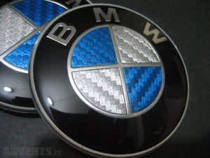 82MM BMW BLUE & WHITE CARBON FIBER EMBLEM HOOD BADGE 2 PINS - 6 Side Auto