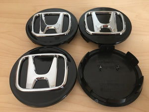 4x 58mm Honda Black Raised Chrome Wheel Center Caps - 6 Side Auto
