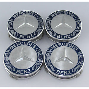 4X 75mm Blue and Sliver Mercedes Benz Wheel Center Caps - 6 Side Auto