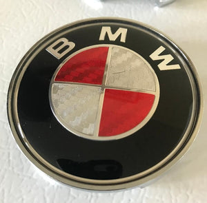 4x 68mm BMW Red & White Carbon Fiber Wheel Center Caps - 6 Side Auto