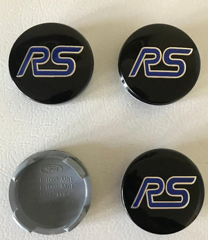 4x 54mm Ford RS Black & Blue  Wheel Center Caps - 6 Side Auto